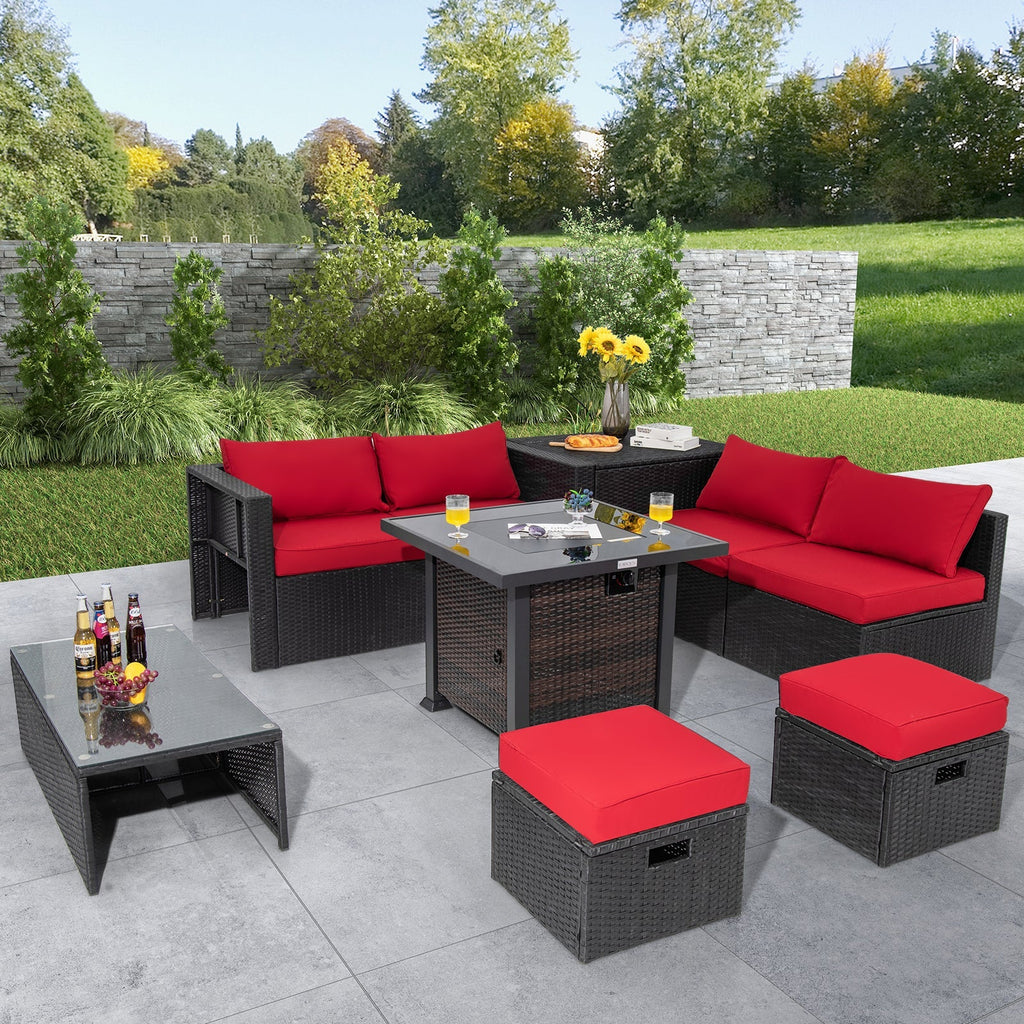 9 Pieces Patio Furniture Set with 32‚Äù Fire Pit Table and 50000 BTU Square Propane Fire Pit