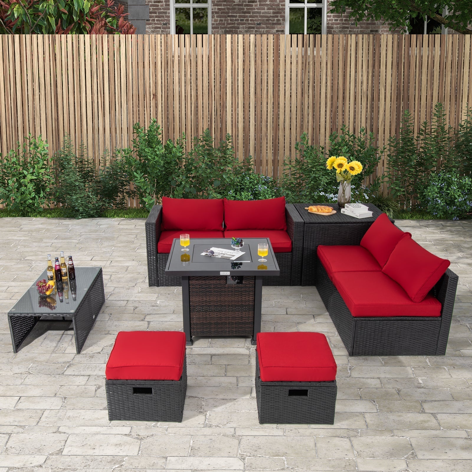 9 Pieces Patio Furniture Set with 32‚Äù Fire Pit Table and 50000 BTU Square Propane Fire Pit