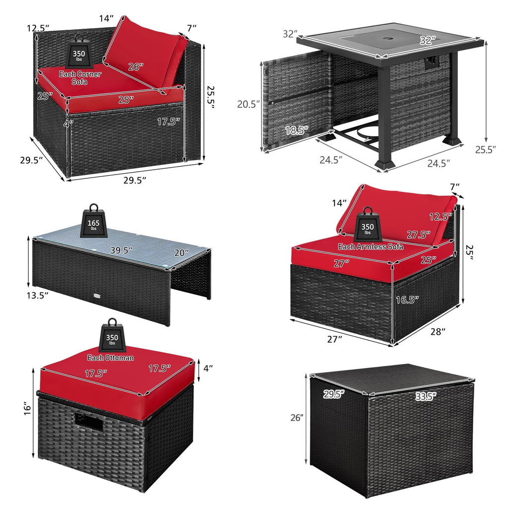 9 Pieces Patio Furniture Set with 32‚Äù Fire Pit Table and 50000 BTU Square Propane Fire Pit