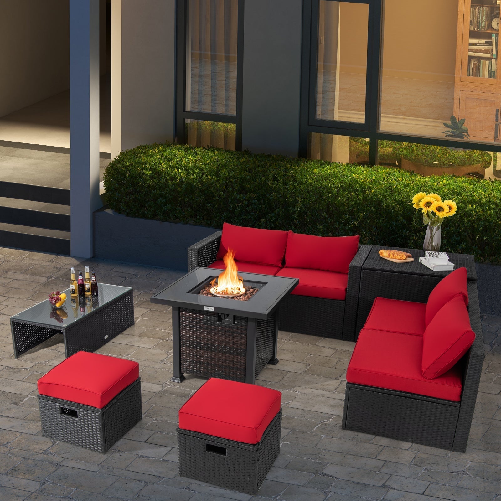 9 Pieces Patio Furniture Set with 32‚Äù Fire Pit Table and 50000 BTU Square Propane Fire Pit