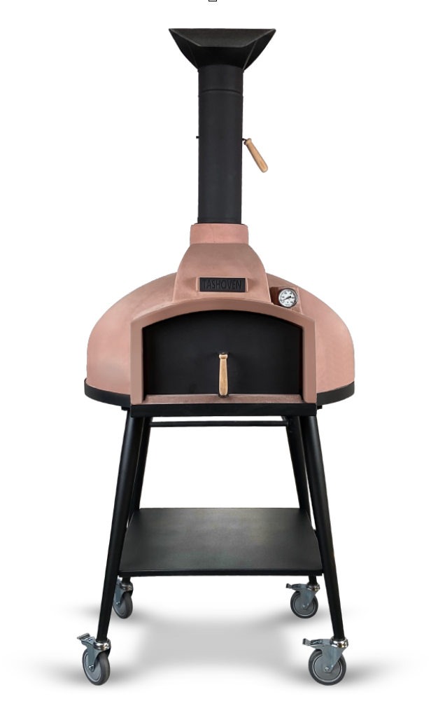 WPPO Red Rock 100 wood-fired oven in terracotta on its black rolling stand, front view