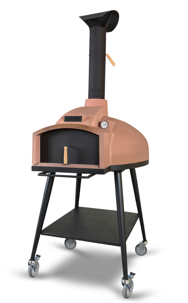 Three-quarter view of the WPPO Red Rock 100 wood-fired oven on its wheeled stand with lower shelf