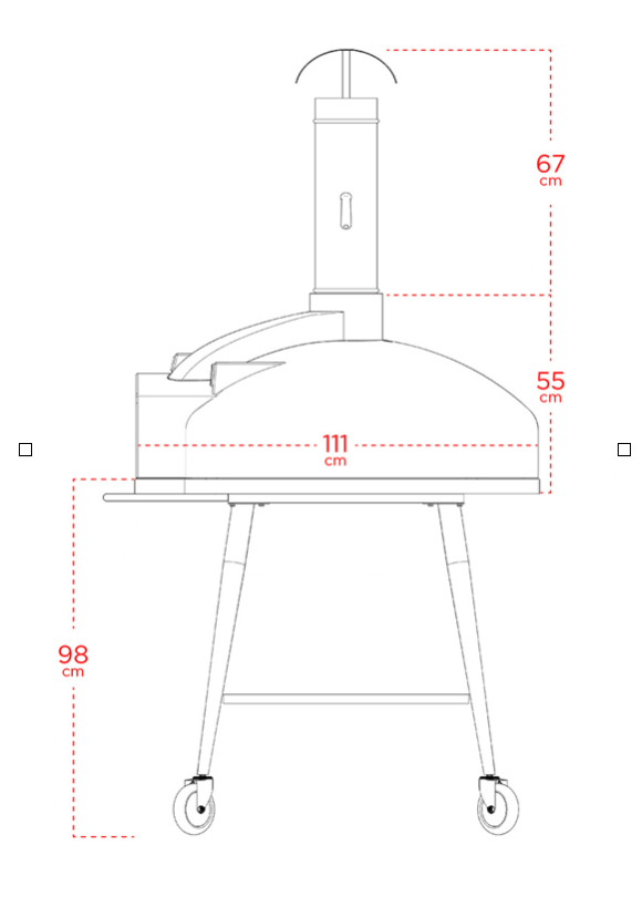 Dimension drawing of the WPPO Red Rock 100 showing 111cm oven width, 55cm oven height, 67cm flue and 98cm stand height