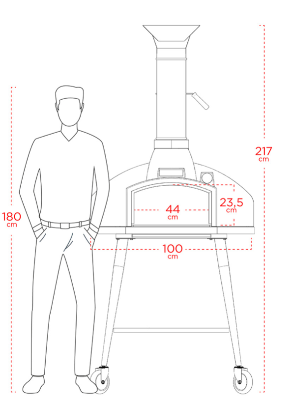 Scale drawing of the WPPO Red Rock 100 beside a 180cm figure, showing 217cm overall height, 100cm width and a 44 by 23.5cm door opening