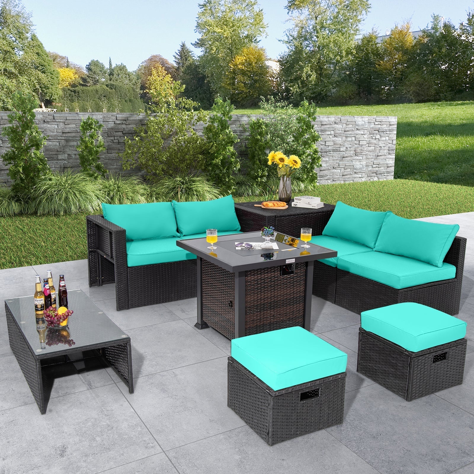 9 Pieces Patio Furniture Set with 32‚Äù Fire Pit Table and 50000 BTU Square Propane Fire Pit