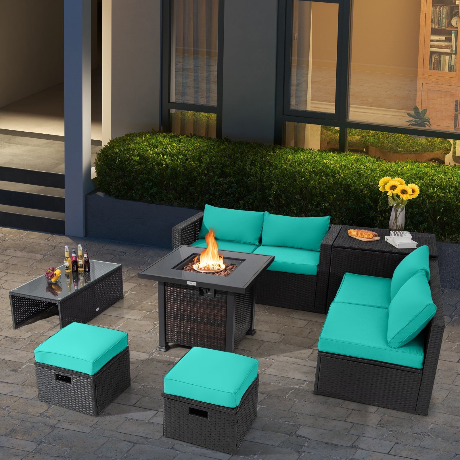 9 Pieces Patio Furniture Set with 32‚Äù Fire Pit Table and 50000 BTU Square Propane Fire Pit