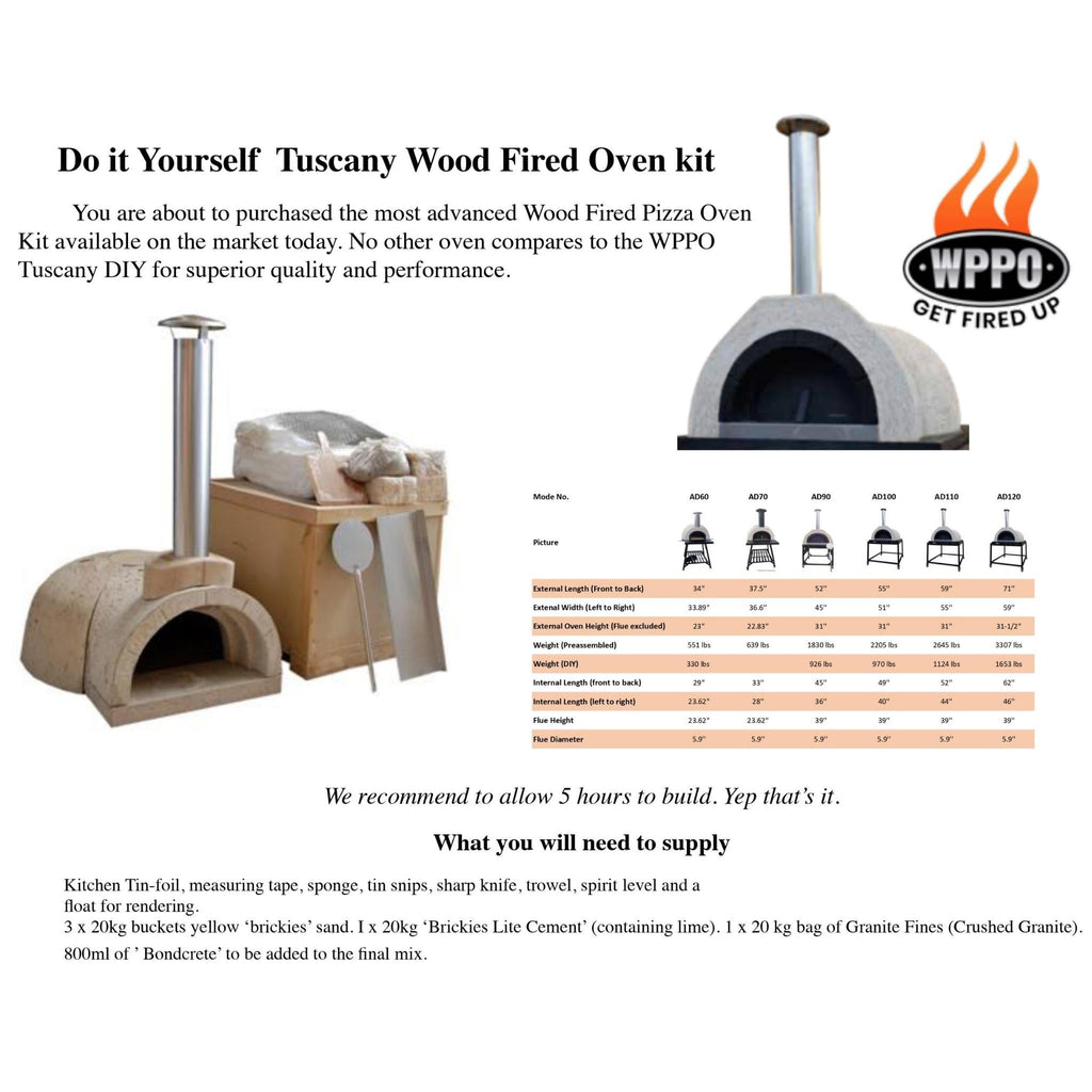 WPPO Tuscany DIY oven kit sheet showing included components, the tools and materials the builder supplies, and the size comparison table for all Tuscany models