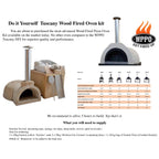WPPO Tuscany DIY oven kit sheet showing included components, the tools and materials the builder supplies, and the size comparison table for all Tuscany models