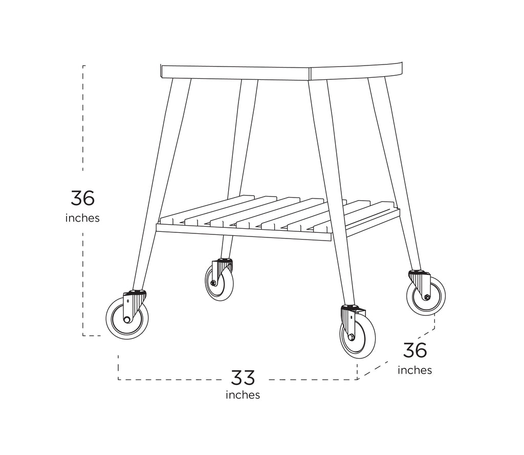 Dimension drawing of the WPPO Infinity 66 trolley showing 36 inch height, 33 inch width and 36 inch depth, with slatted lower shelf and four casters