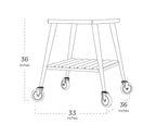 Dimension drawing of the WPPO Infinity 66 trolley showing 36 inch height, 33 inch width and 36 inch depth, with slatted lower shelf and four casters