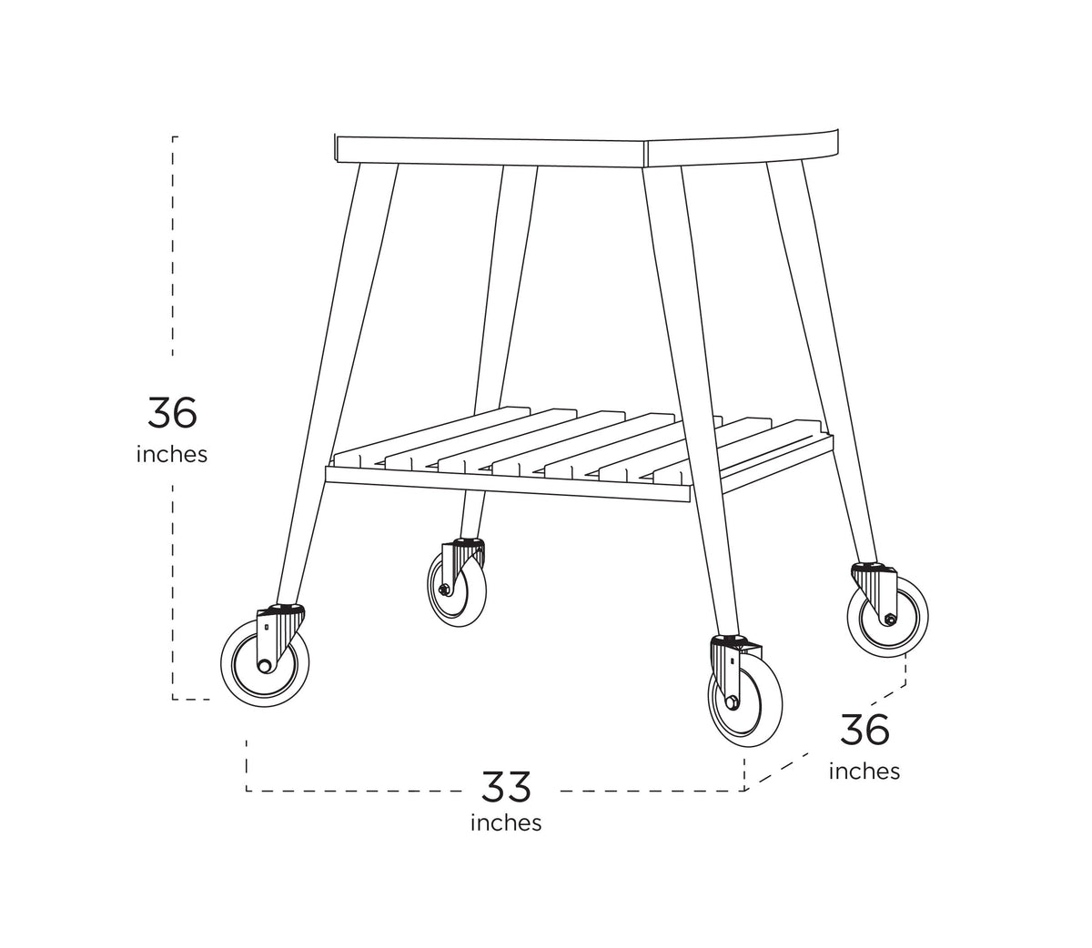 Dimension drawing of the WPPO Infinity 66 trolley showing 36 inch height, 33 inch width and 36 inch depth, with slatted lower shelf and four casters
