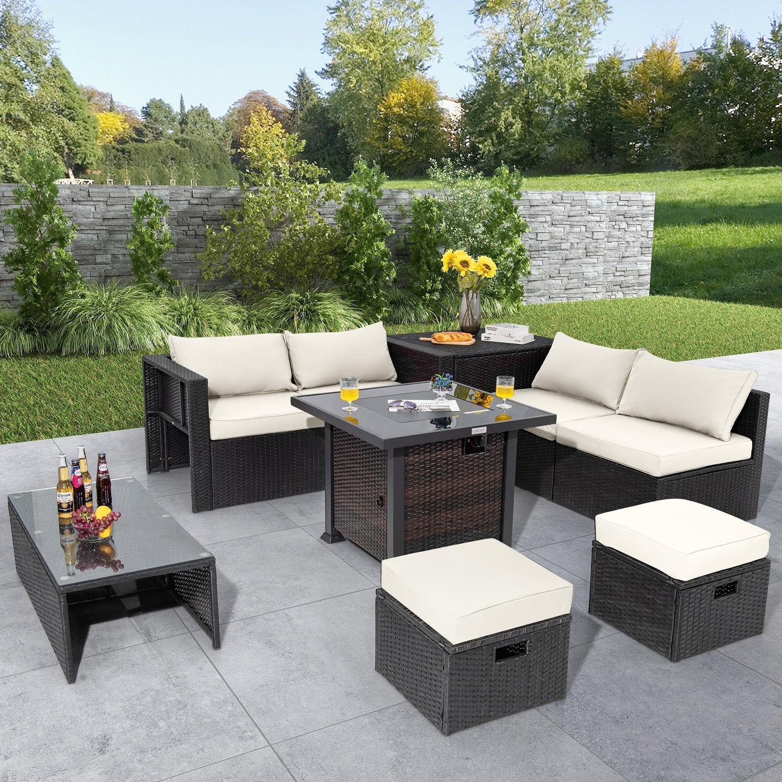 9 Pieces Patio Furniture Set with 32‚Äù Fire Pit Table and 50000 BTU Square Propane Fire Pit