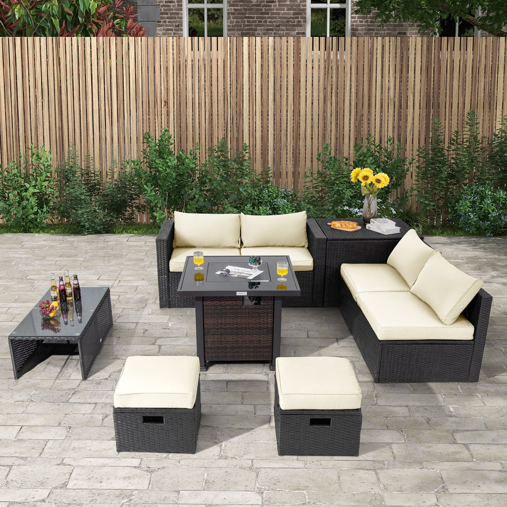 9 Pieces Patio Furniture Set with 32‚Äù Fire Pit Table and 50000 BTU Square Propane Fire Pit