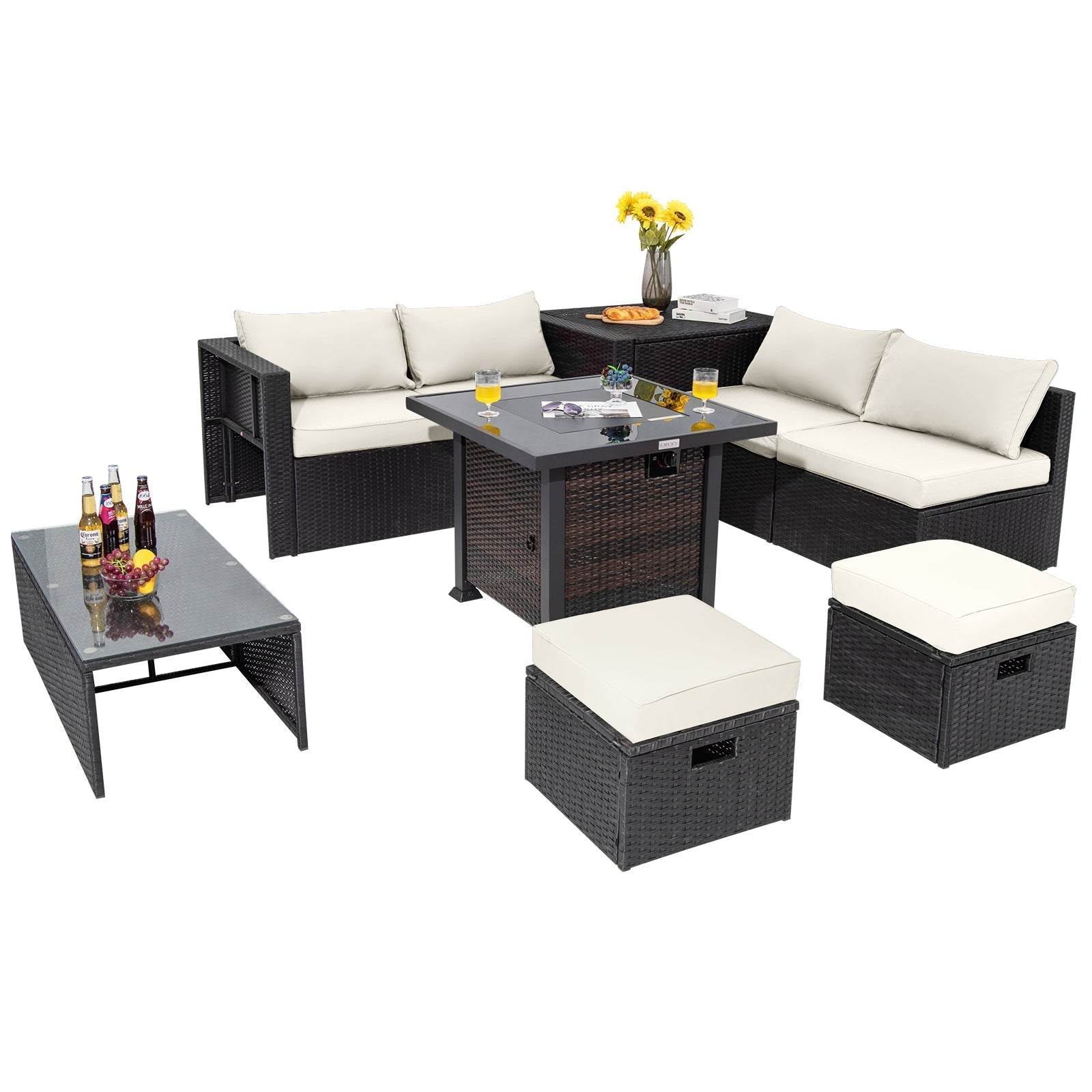 9 Pieces Patio Furniture Set with 32‚Äù Fire Pit Table and 50000 BTU Square Propane Fire Pit