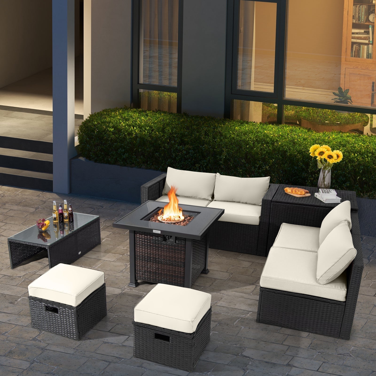 9 Pieces Patio Furniture Set with 32‚Äù Fire Pit Table and 50000 BTU Square Propane Fire Pit