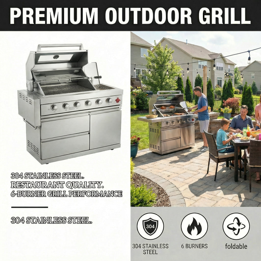 75300 BTU 6 Burners Deluxe Stainless Steel Gas Outdoor Kitchen Barbecue Island Grill