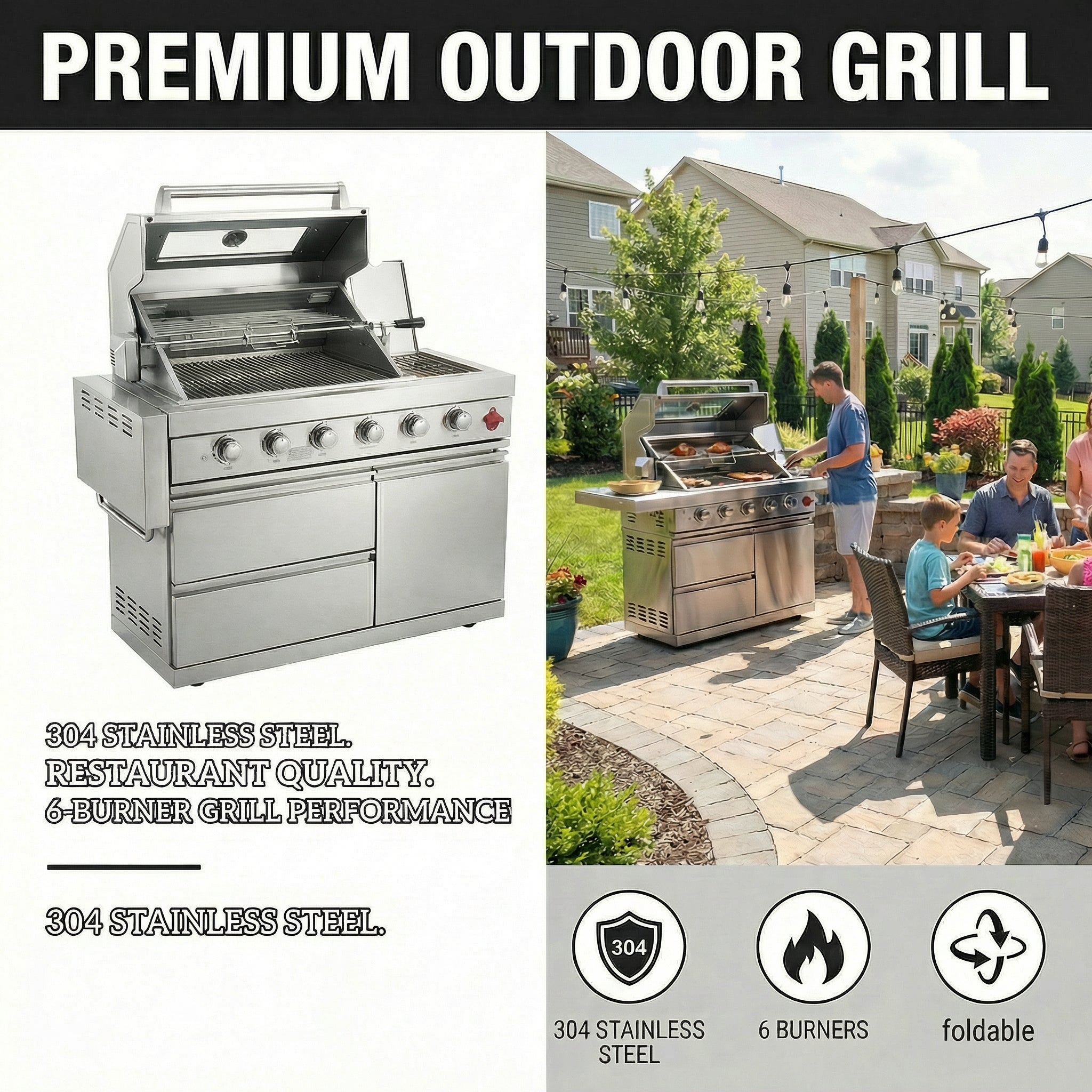 75300 BTU 6 Burners Deluxe Stainless Steel Gas Outdoor Kitchen Barbecue Island Grill