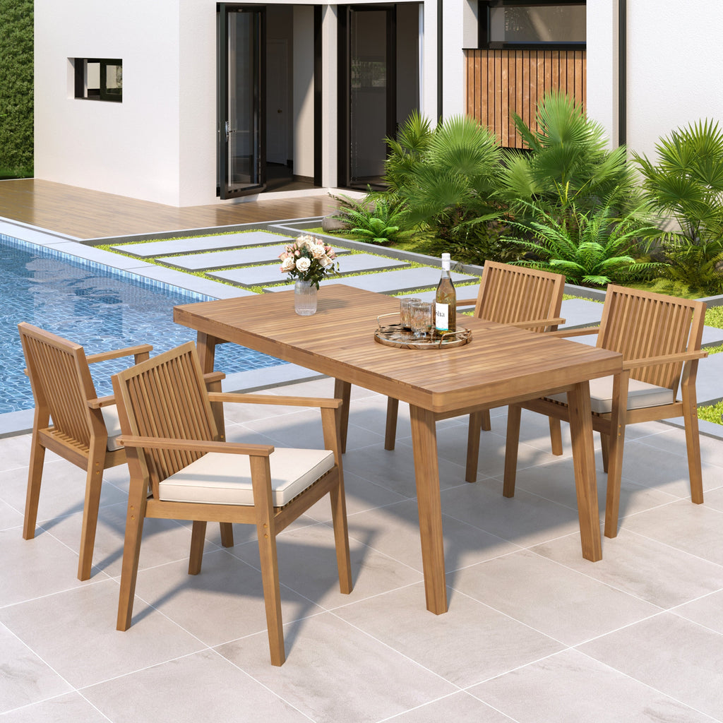 Durable 5-Piece Patio Furniture Set Acacia Wood Table and 4 Heavy-Duty Cushioned Chairs