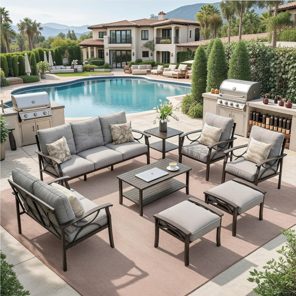8-Piece Metal Patio Furniture Set, 9-Seat All-Weather Conversation Sofa