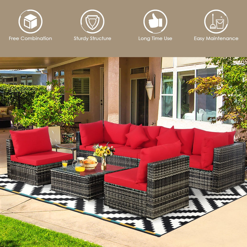 7 Pieces Patio Rattan Furniture Set Sectional Sofa Garden Cushion