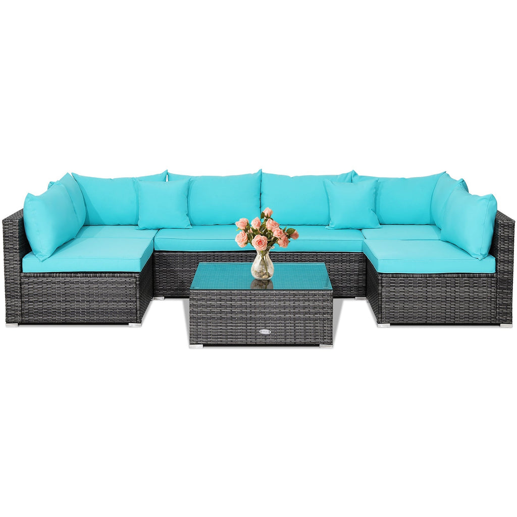 7 Pieces Patio Rattan Furniture Set Sectional Sofa Garden Cushion