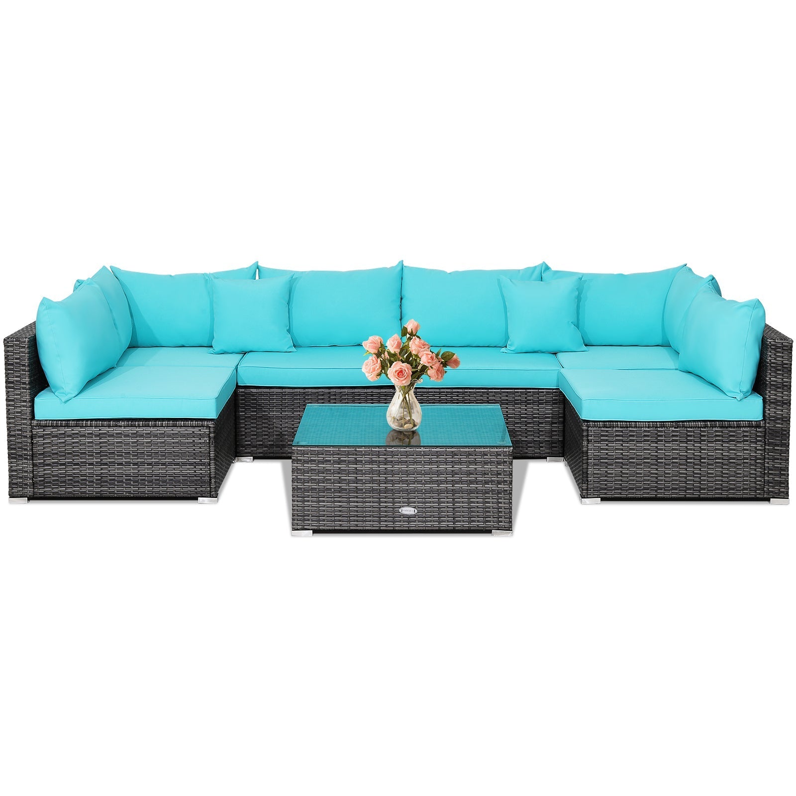 7 Pieces Patio Rattan Furniture Set Sectional Sofa Garden Cushion
