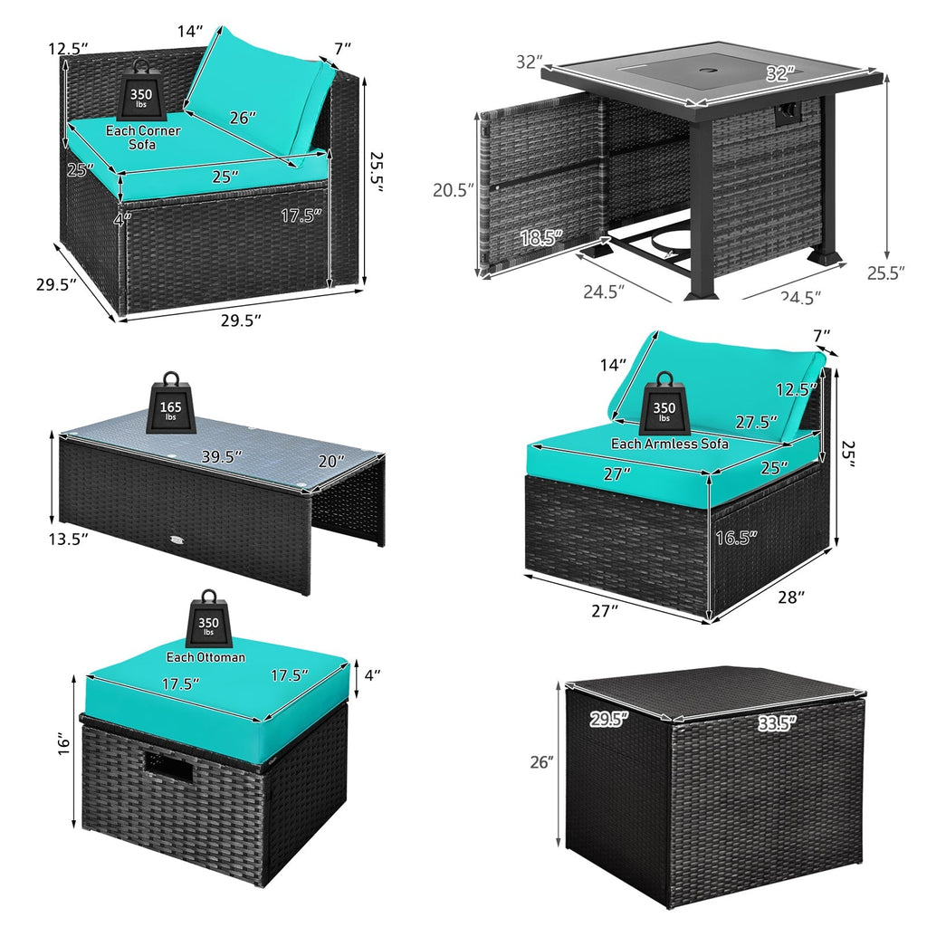 9 Pieces Patio Furniture Set with 32‚Äù Fire Pit Table and 50000 BTU Square Propane Fire Pit