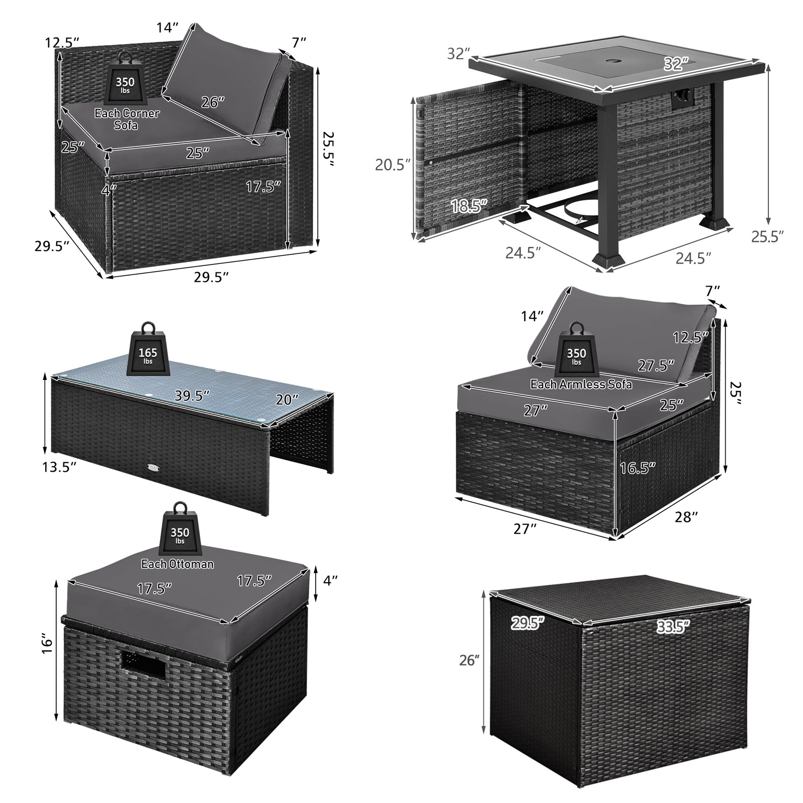 9 Pieces Patio Furniture Set with 32‚Äù Fire Pit Table and 50000 BTU Square Propane Fire Pit