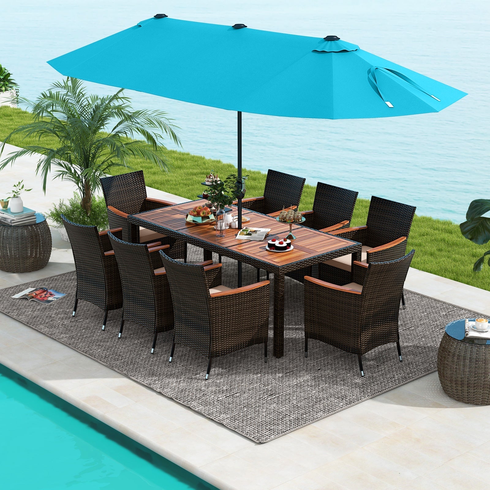 11 Pieces Patio Dining Set 15ft Double-Sided Patio Umbrella (Base Included) and Outdoor Rattan Furniture Set with 8 Stackable Chairs-Turquoise