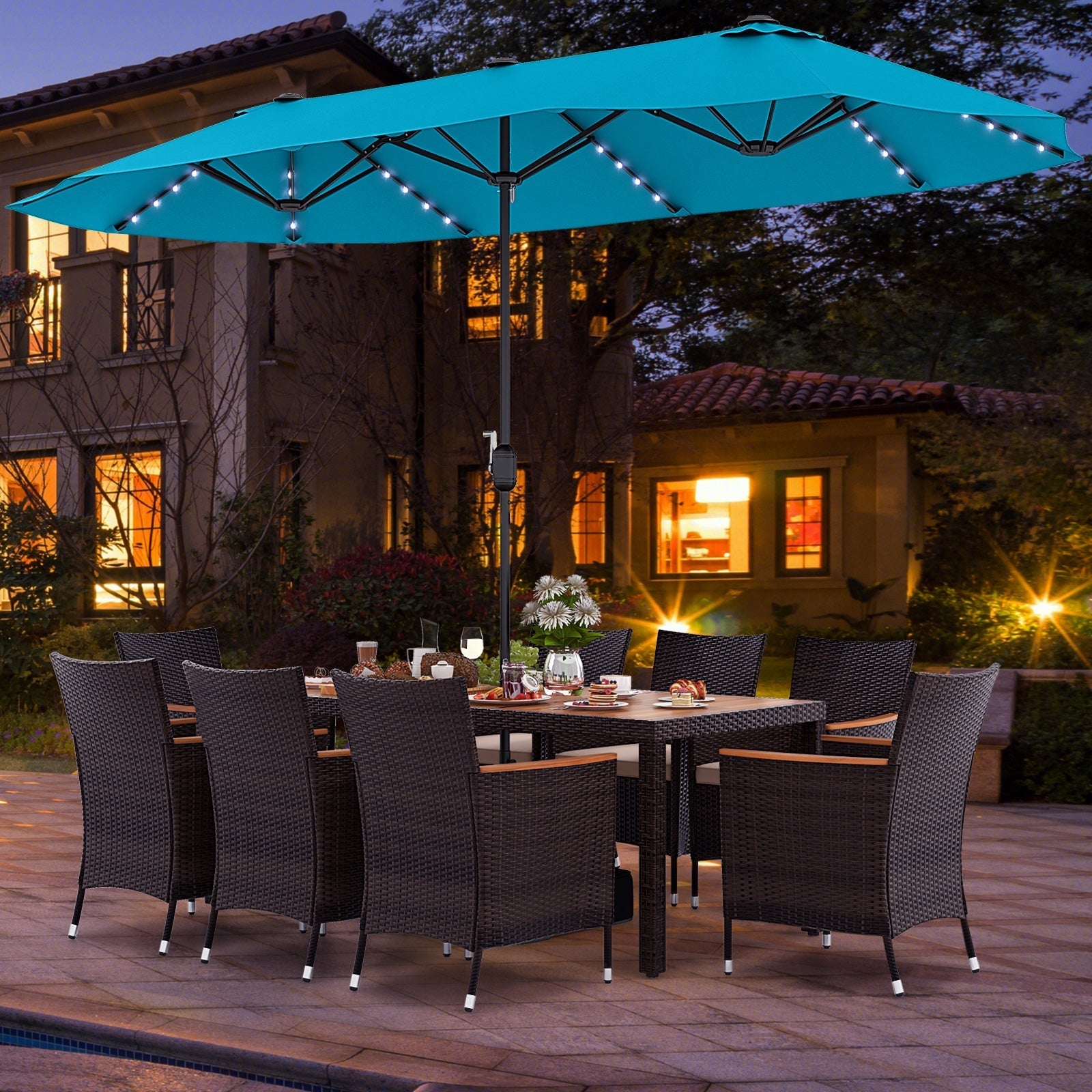 11 Pieces Patio Dining Set 15ft Double-Sided Patio Umbrella (Base Included) and Outdoor Rattan Furniture Set with 8 Stackable Chairs-Turquoise