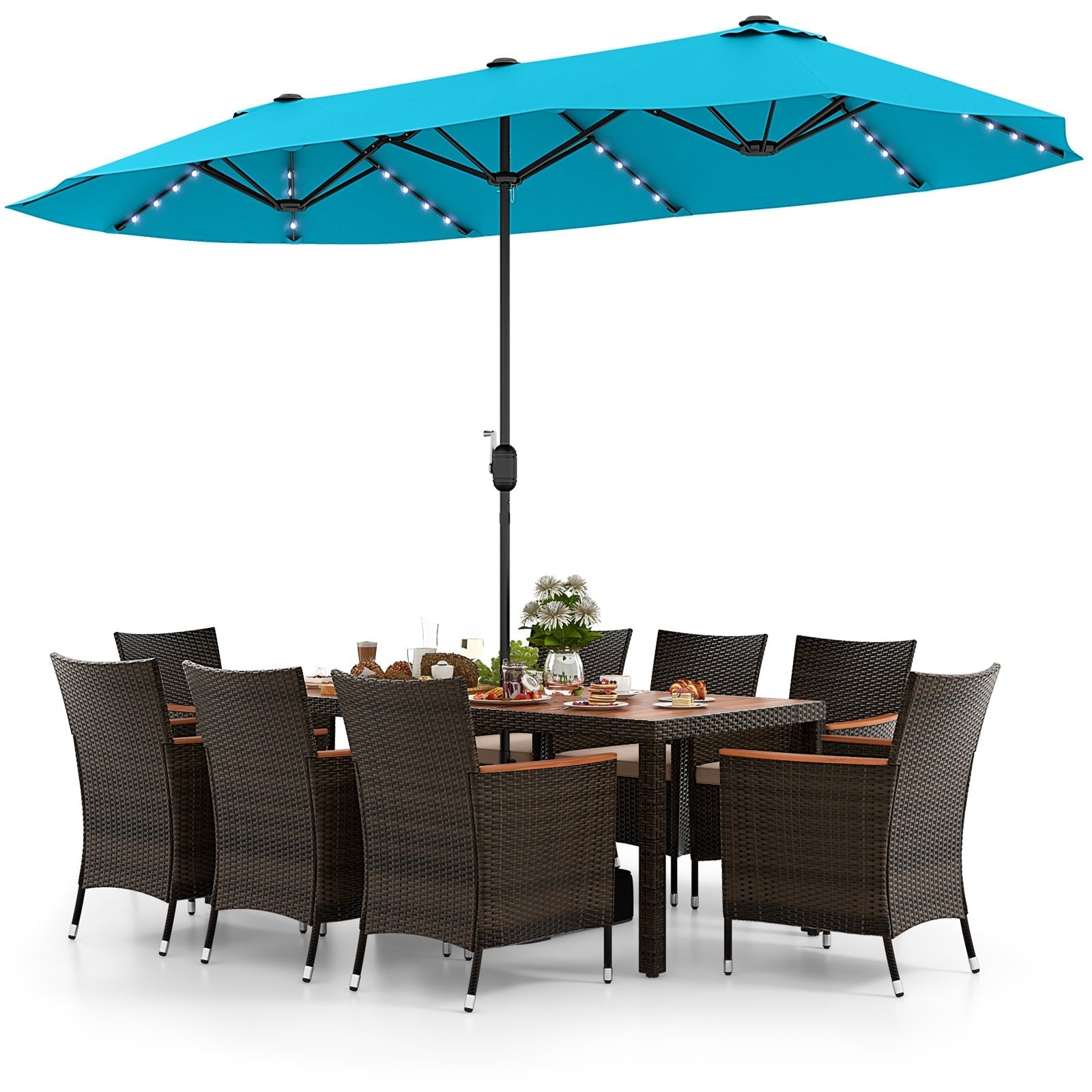 11 Pieces Patio Dining Set 15ft Double-Sided Patio Umbrella (Base Included) and Outdoor Rattan Furniture Set with 8 Stackable Chairs-Turquoise